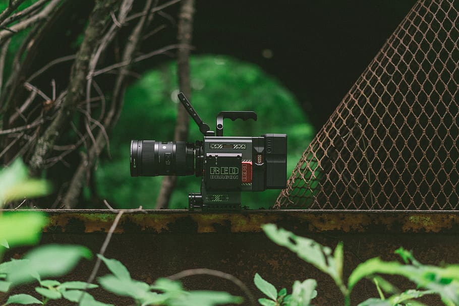 black studio camera on top on brown bar, technology, no people HD wallpaper