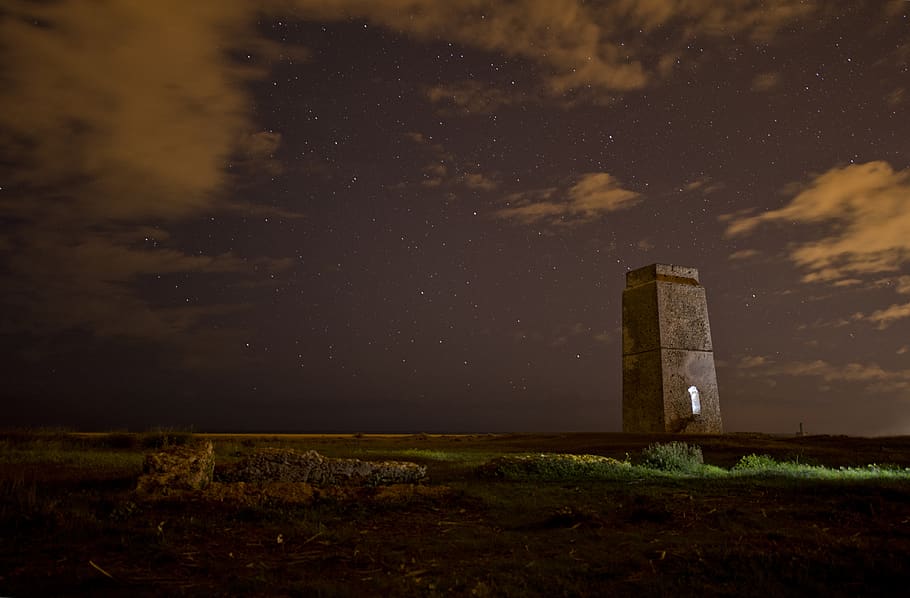 spain, cádiz, centinel, ocean, watchtower, night, stars, starlight HD wallpaper