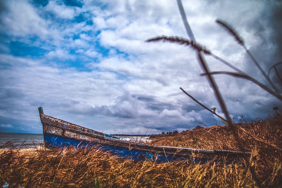Blue Canoe Under the Blue Sky, beach, boat, clouds, daylight HD wallpaper