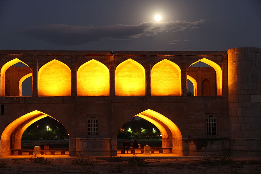 bridge, persia, architecture, built structure, night, sky, illuminated HD wallpaper