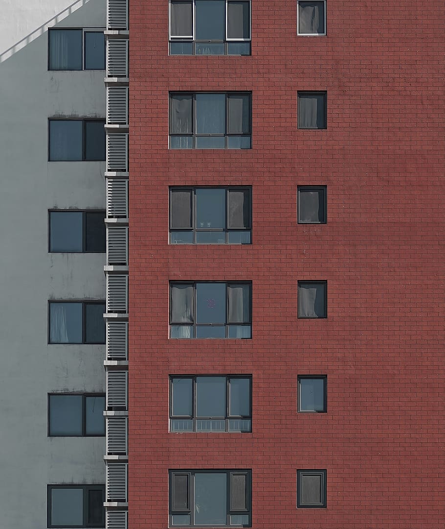 red concrete building, city, urban, high rise, town, office building HD wallpaper