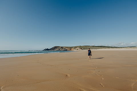 Footprints on a sandy beach, Portugal, ocean, sea, shore, summer HD wallpaper