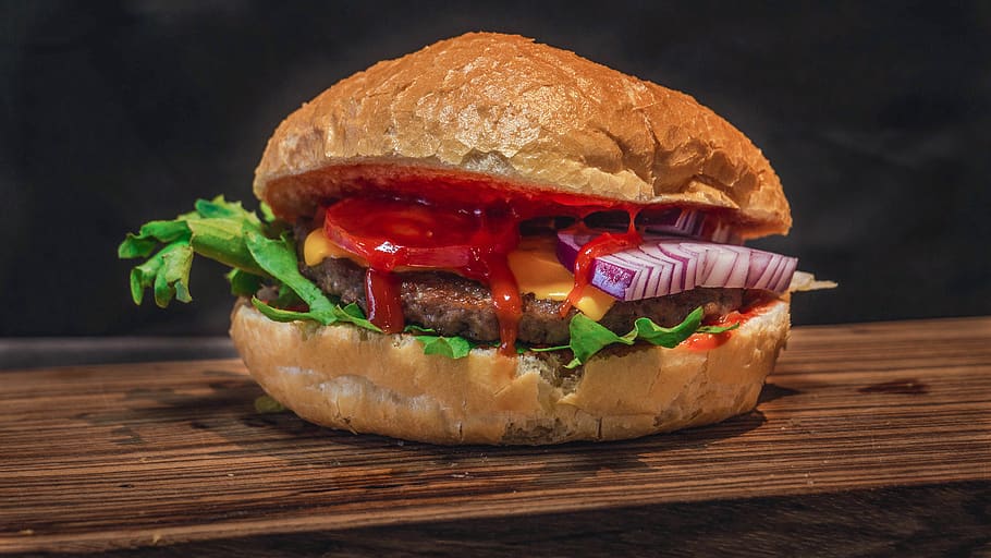 burger, food, bread, bun, meat loaf, eating, roast, seasoning HD wallpaper