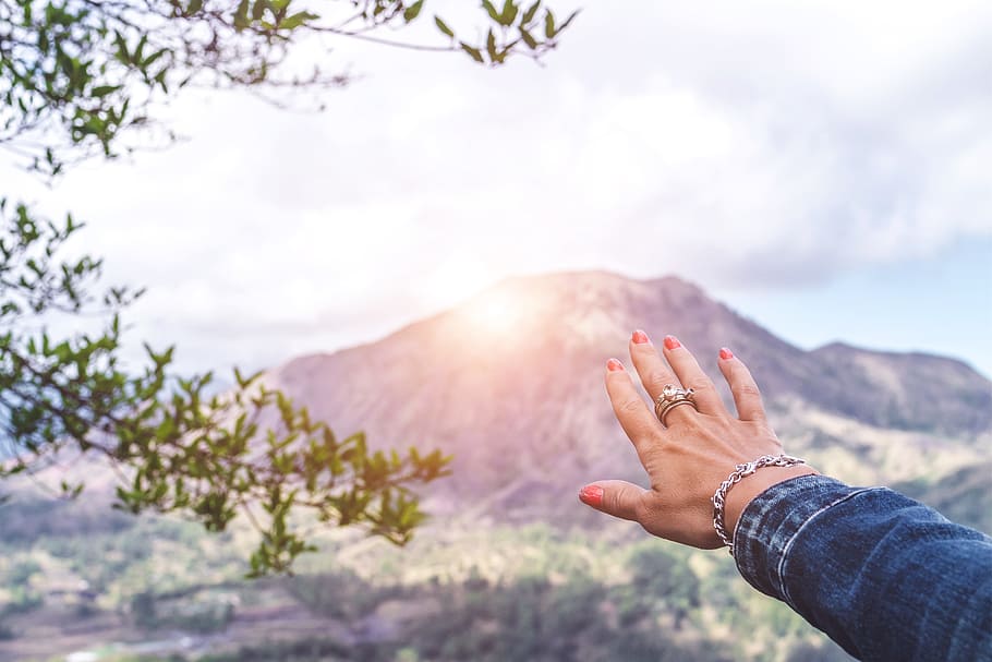 person pointing the mountain, hand, sunset, sunrise, tree, forest HD wallpaper