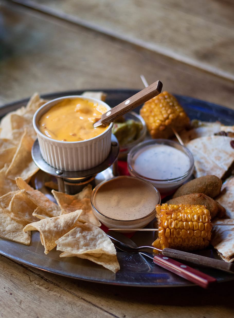 Corn Cub And Sauces On Plate, bread, cuisine, delicious, dip HD wallpaper