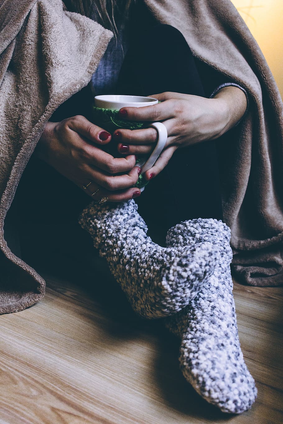 Person Holding A Mug, cup, drink, feet, hands, socks, wear, woman HD wallpaper