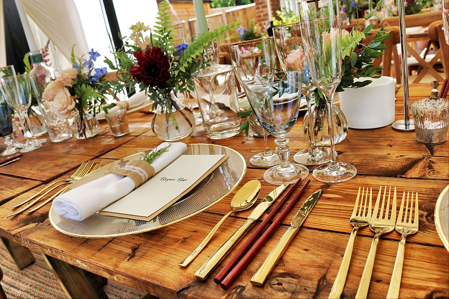 Dinnerware on Table Top, banquet, catering, celebration, close-up
