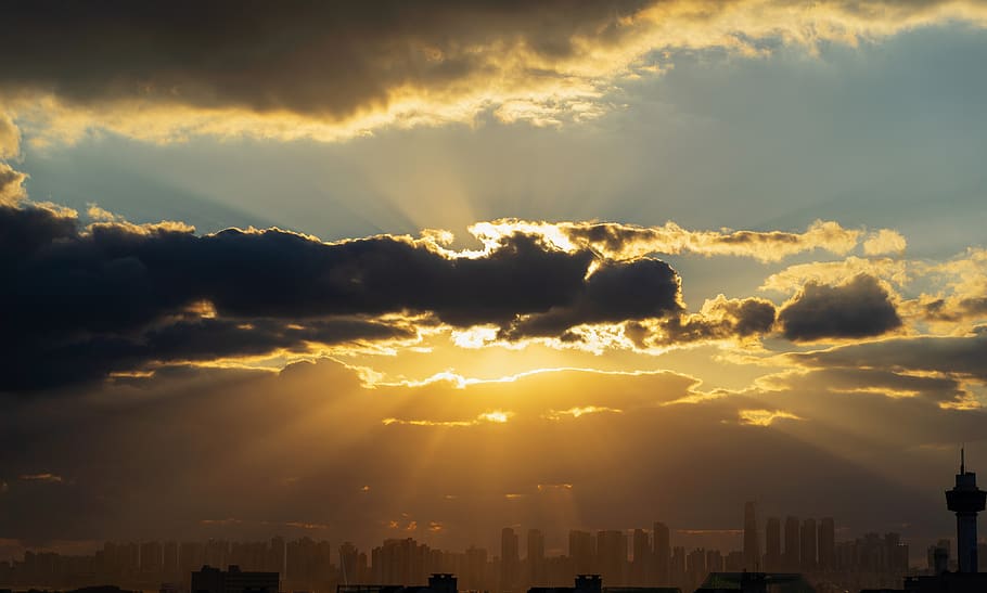 cloud, glow, sunset, landscape, sky, cloud - sky, building exterior HD wallpaper