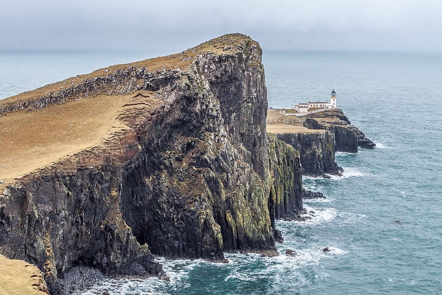 hill, lighthouse, landscape, nature, sea, water, ocean, waves HD wallpaper