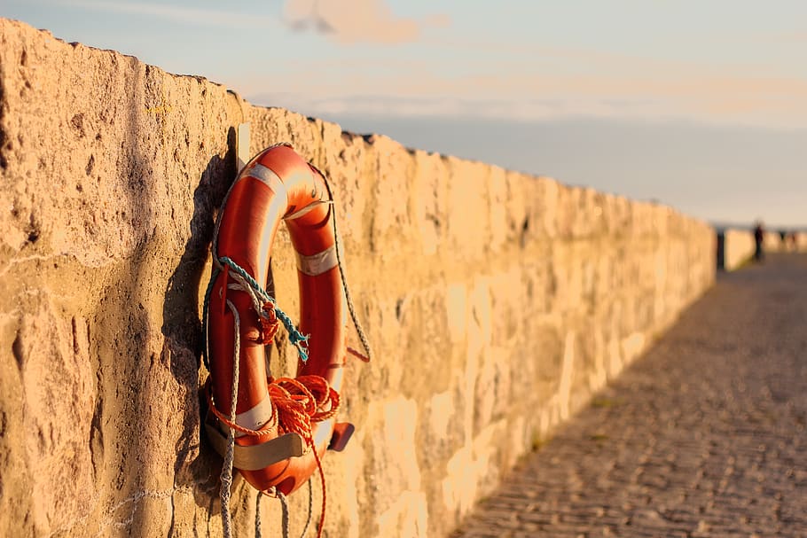 Orange Lifebuoy Hanged on Brown Wall, beach, close-up, hanging HD wallpaper