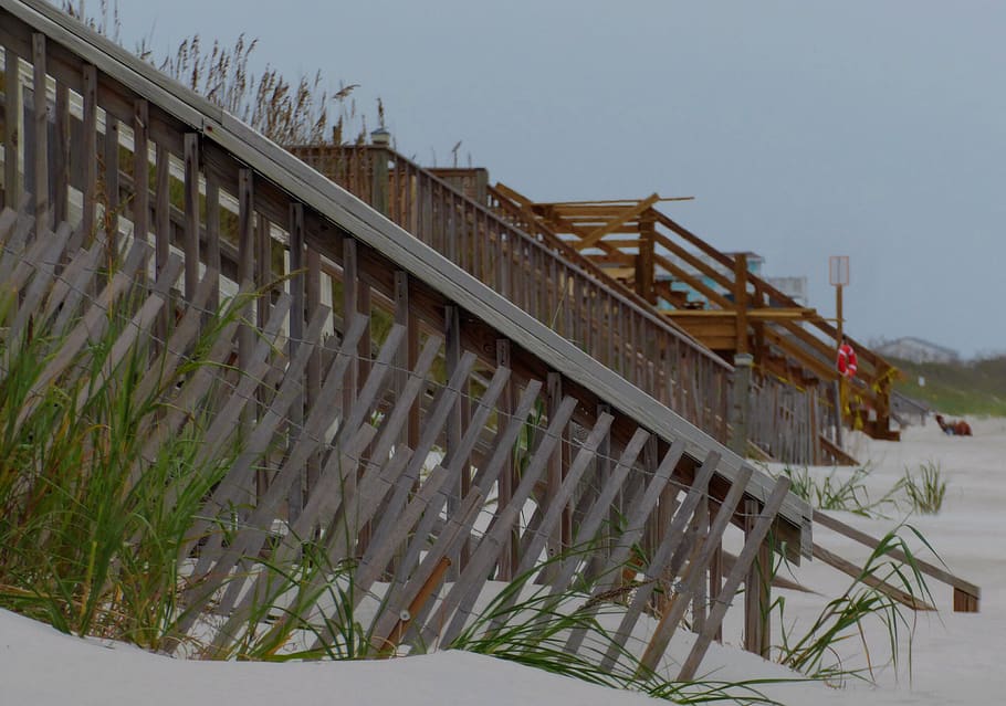 beach, steps, sand, ocean, shore, life preserver, built structure HD wallpaper