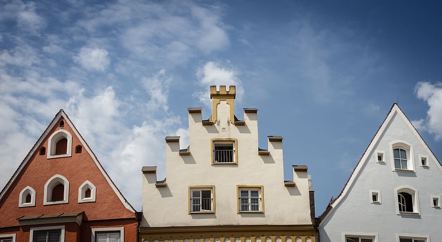 facade, gable, stairs, crow stepped gable, window, sky, red HD wallpaper