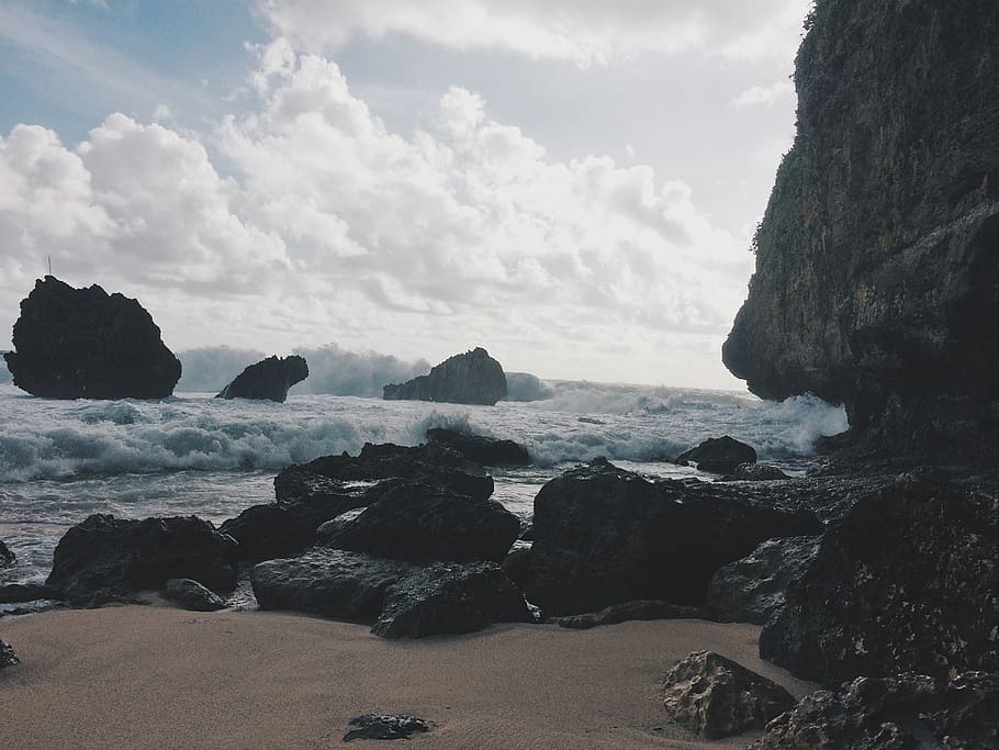 beach, sea, ocean, rocks, cloud, evening, wave, water, sky HD wallpaper