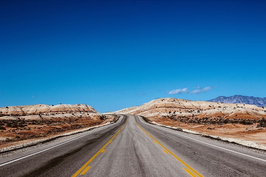 highway, road, pavement, desert, nature, outdoors, blue, sky HD wallpaper