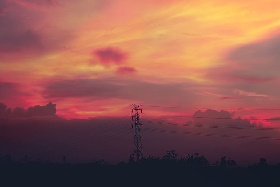 clouds, landscape, sky, sunset, cloud - sky, electricity, technology HD wallpaper