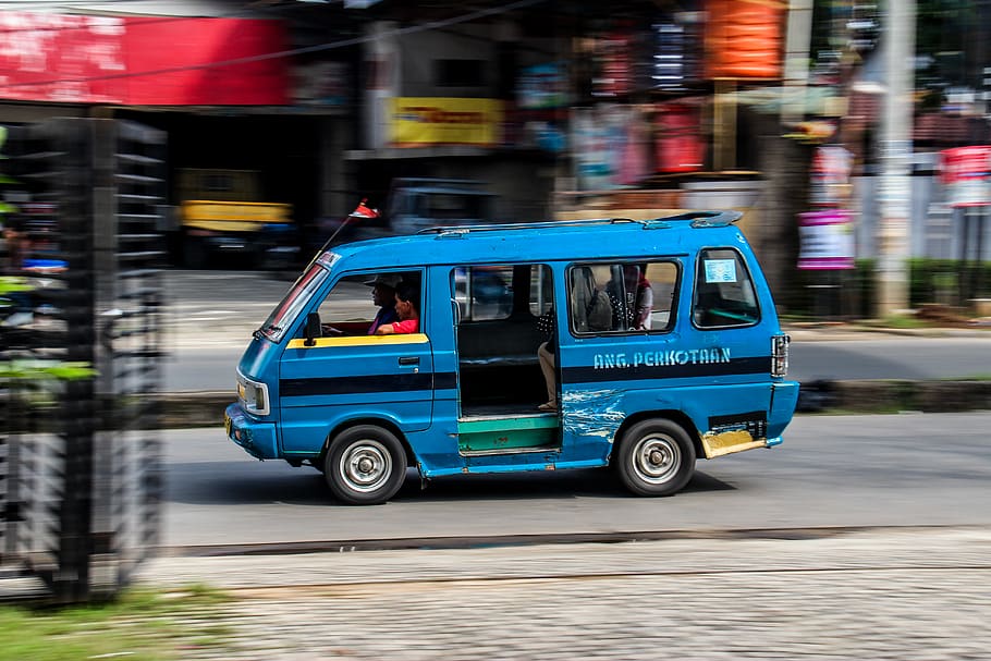 blue van, transportation, vehicle, minibus, human, person, truck HD wallpaper