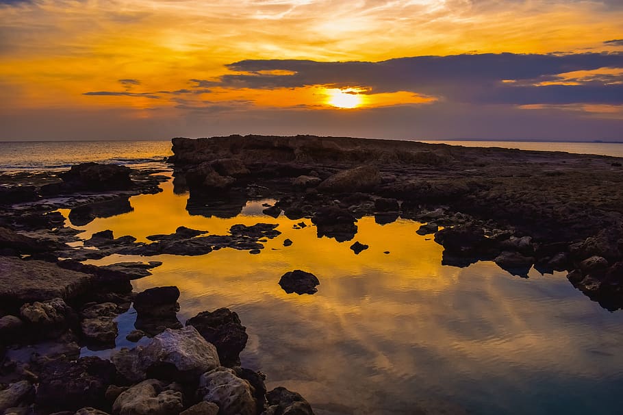 twilight, sunset, landscape, nature, evening, dusk, sea, rocky coast HD wallpaper