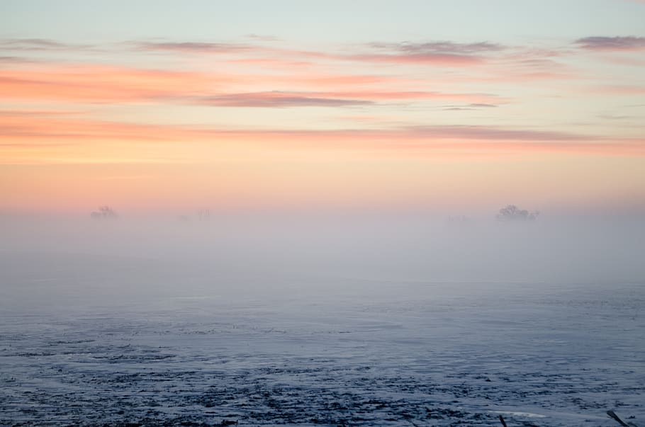 pink, sky, sunset, clouds, mist, water, fog, haze, sea, ocean HD wallpaper