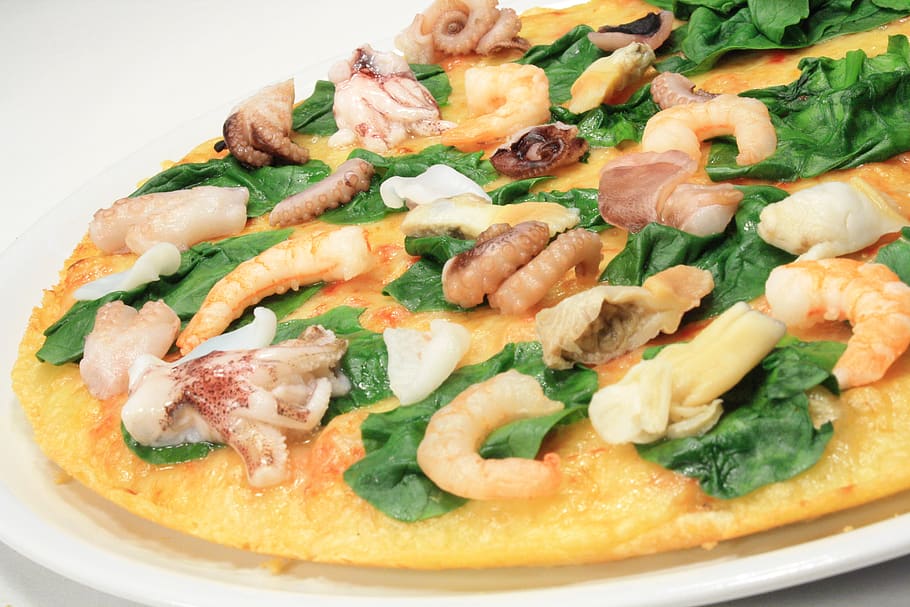 pizza, seafood, spinach, food and drink, freshness, healthy eating HD wallpaper