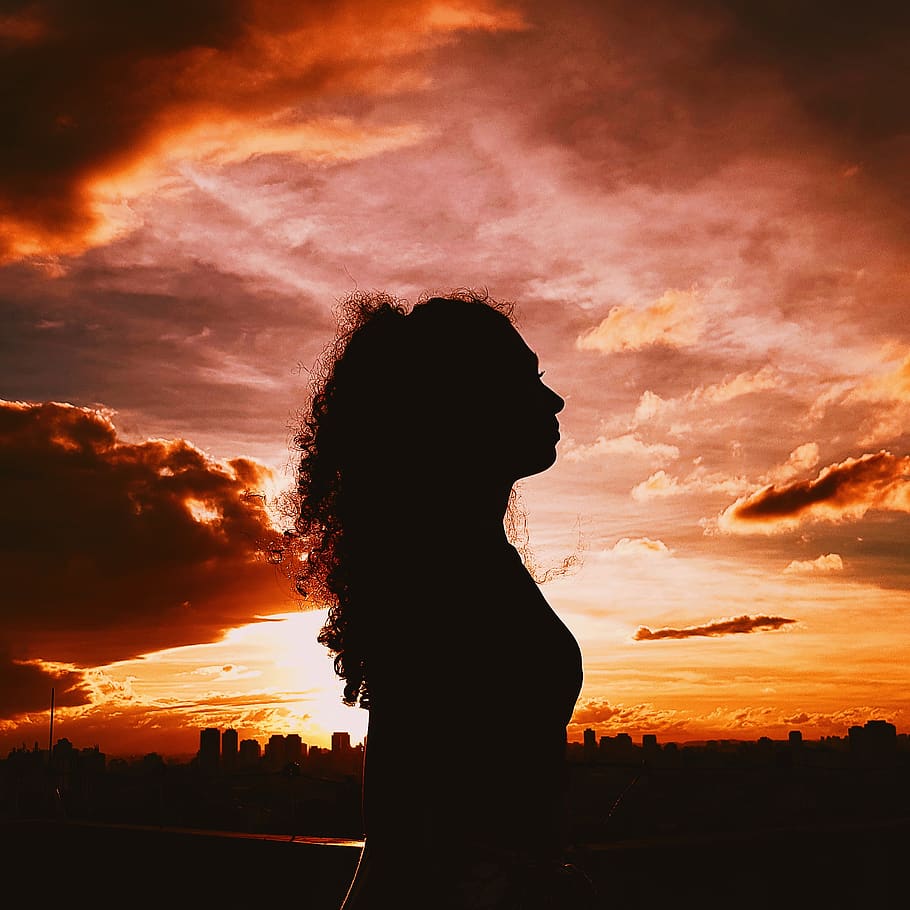 Silhouette of Woman during Golden Hour, backlit, clouds, dark HD wallpaper