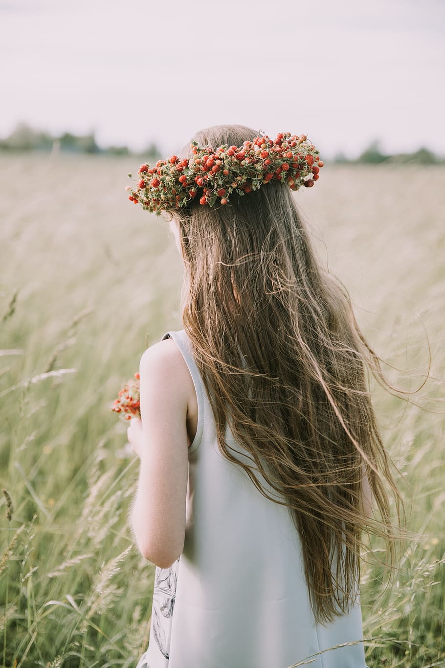 HD wallpaper: woman holding red flowers, field, crown, lady, nature,  outdoors | Wallpaper Flare