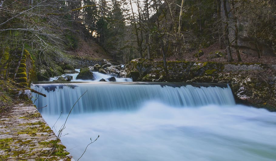river, waterfall, forest, rocks, cascade, green, long exposure HD wallpaper