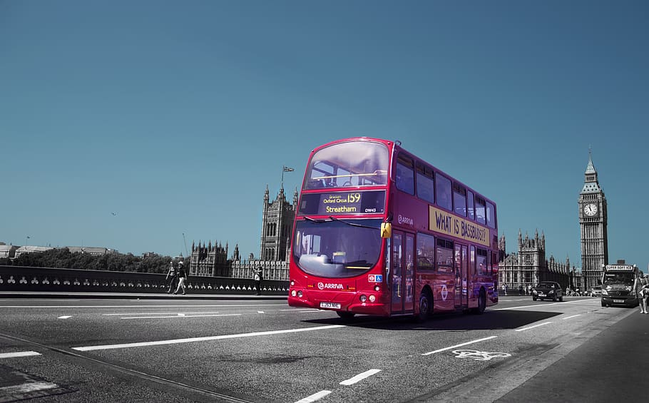 Red Double Deck Bus on Road, big ben, england, london, sky, vehicle, HD wallpaper