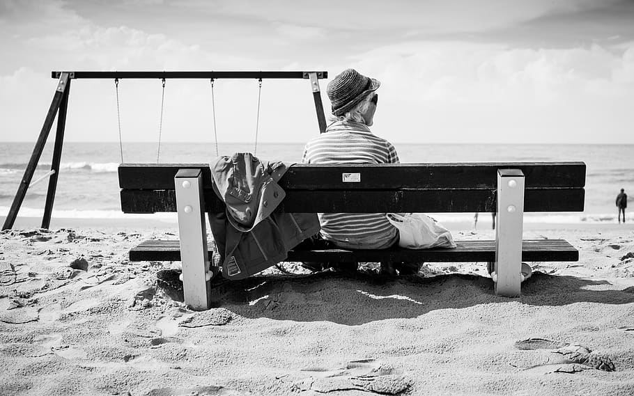 beach, landscape, sky, sitting, one person, nature, relaxation HD wallpaper