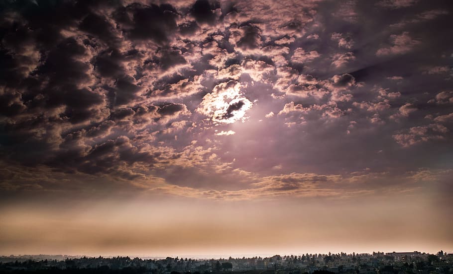 sun covered by cloudy sky, horizon, skyline, cloudscape, scenic HD wallpaper
