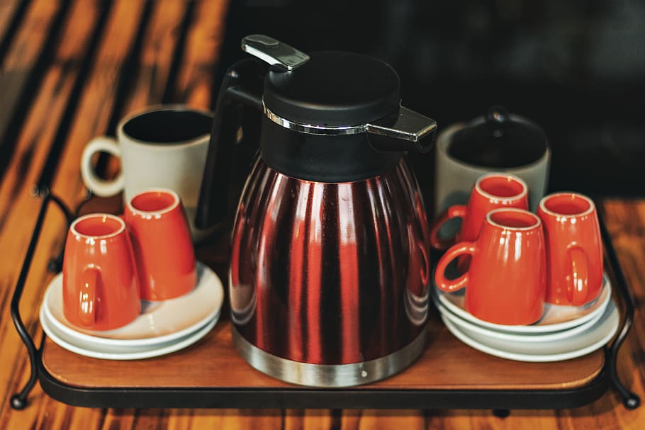 Red and White Coffee Set, breakfast, close-up, coffee cups, coffee drink HD wallpaper