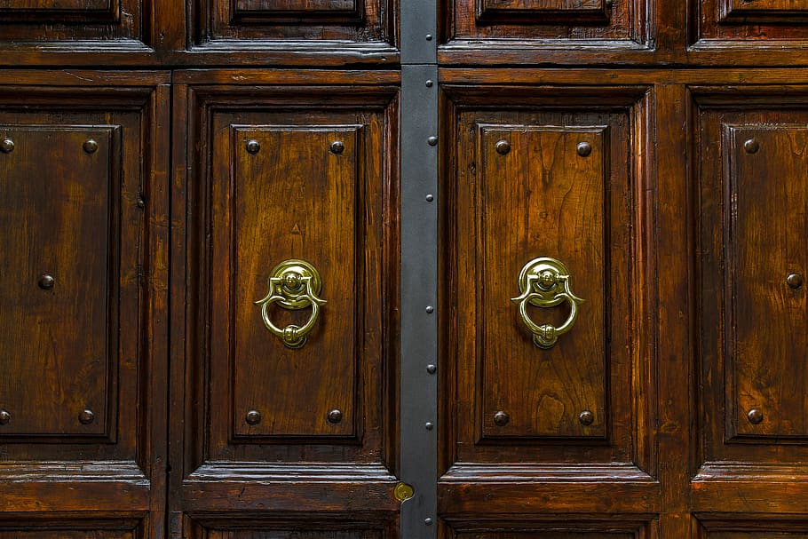 door, wood, ring, knocker, brass, entrance, closed, ancient HD wallpaper