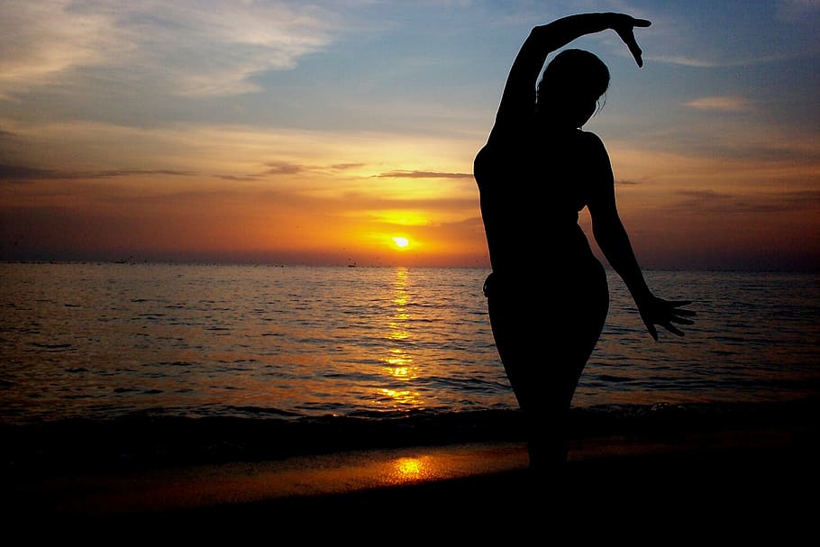 Silhouette of Standing Woman on Seashore during Sunset, beach HD wallpaper