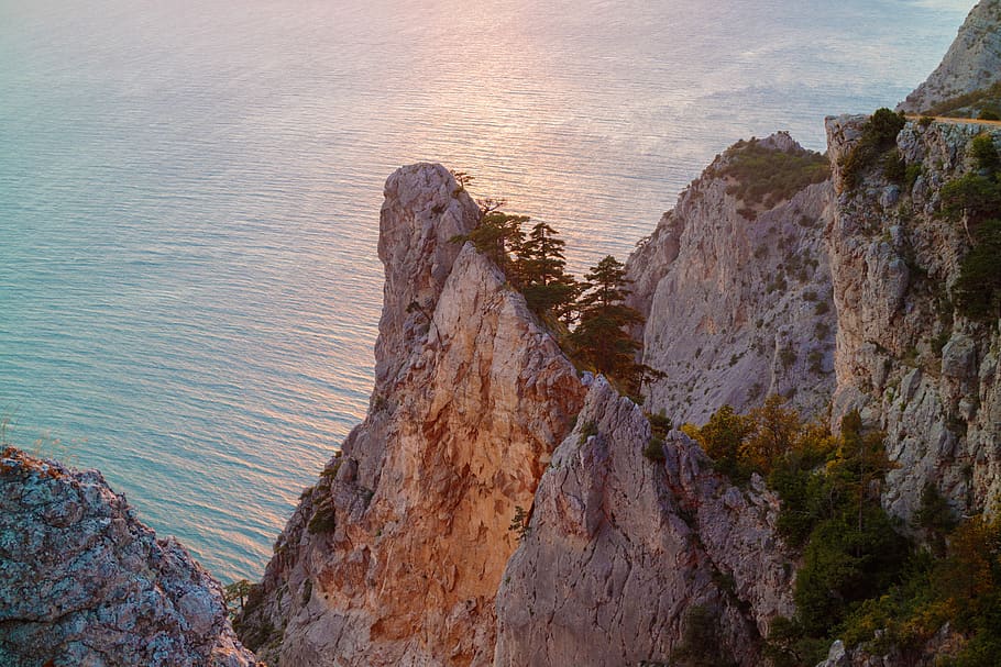 crimea, cliff, sunset, russia, sea, black sea, mountains, rock HD wallpaper