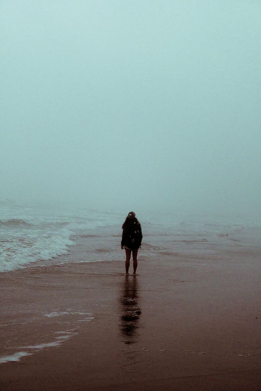 person standing on beach, sea, water, rear view, sky, land, real people HD wallpaper