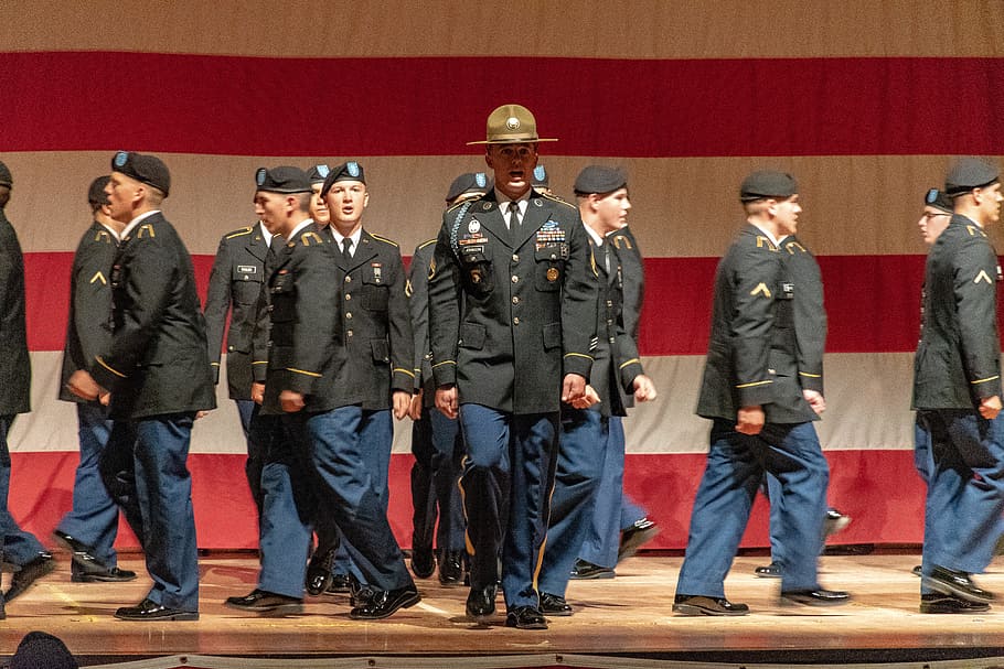 People Marching on Stage, army, ceremony, daytime, flag, group HD wallpaper