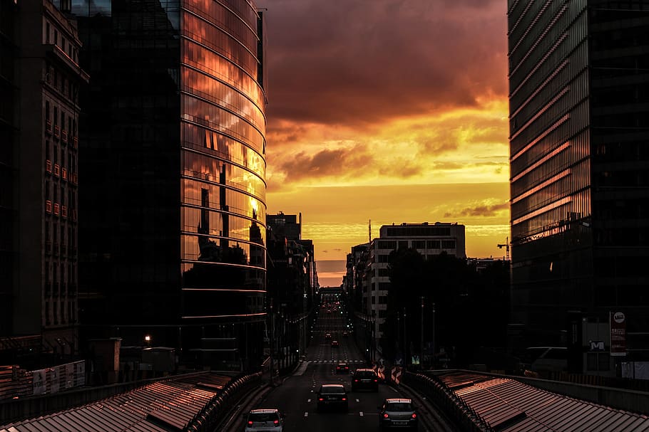 belgium, brussels, reflection, city, street, urban, sunset, HD wallpaper