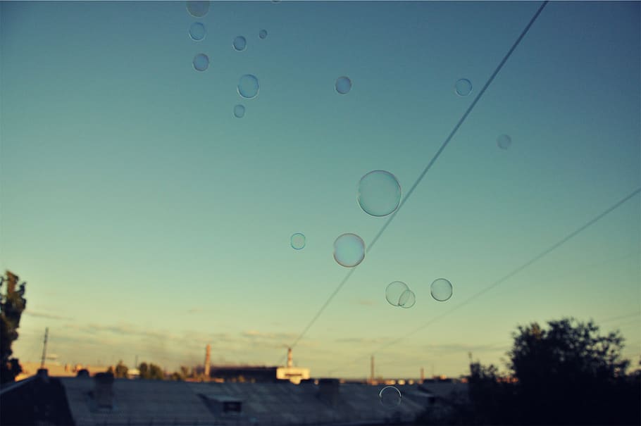 bubbles, sky, nature, transparent, clear sky, sunset, blue HD wallpaper
