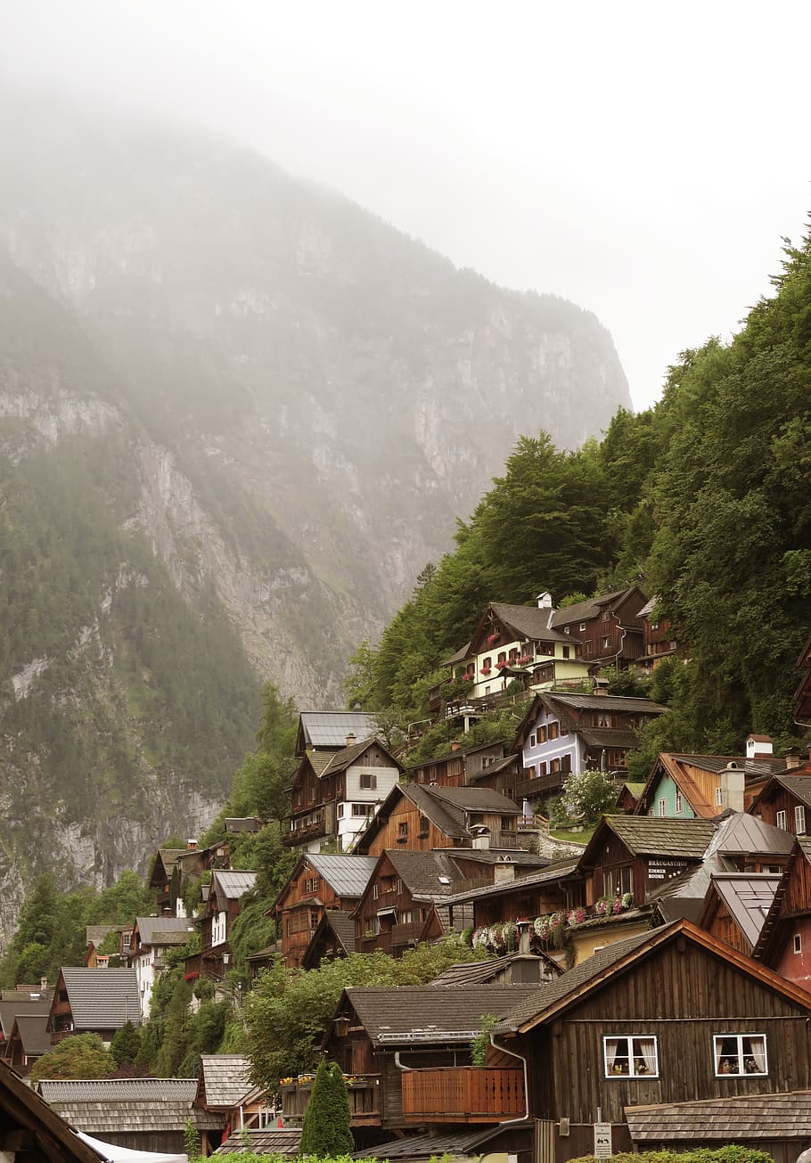 austria, hallstatt, nature, mountain, village, foggy, small city, HD wallpaper