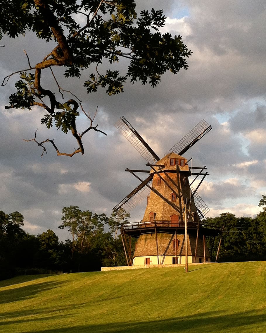 windmill, landscape, nature, dutch, sky, clouds, fabyan windmill HD wallpaper