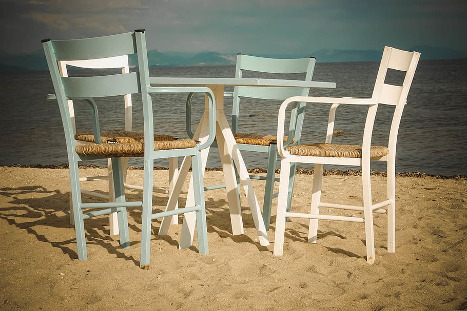 greece, corfu, table, beach, eat, chair, seat, land, water HD wallpaper