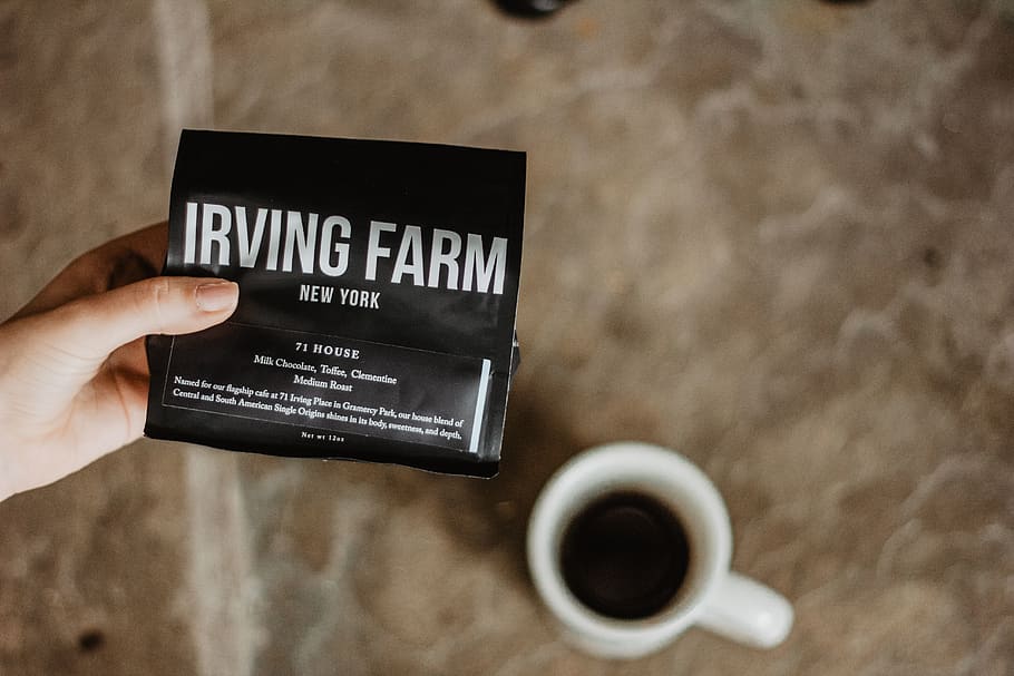Irving Farm pack, cup, coffee cup, person, human, text, business card HD wallpaper