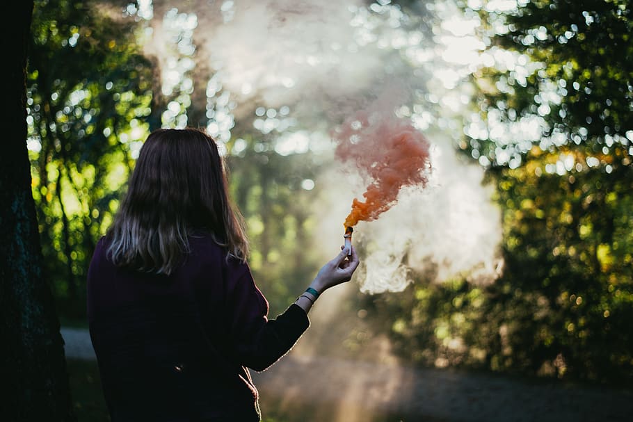 Woman Holding Red Flare, one person, real people, smoke - physical structure HD wallpaper