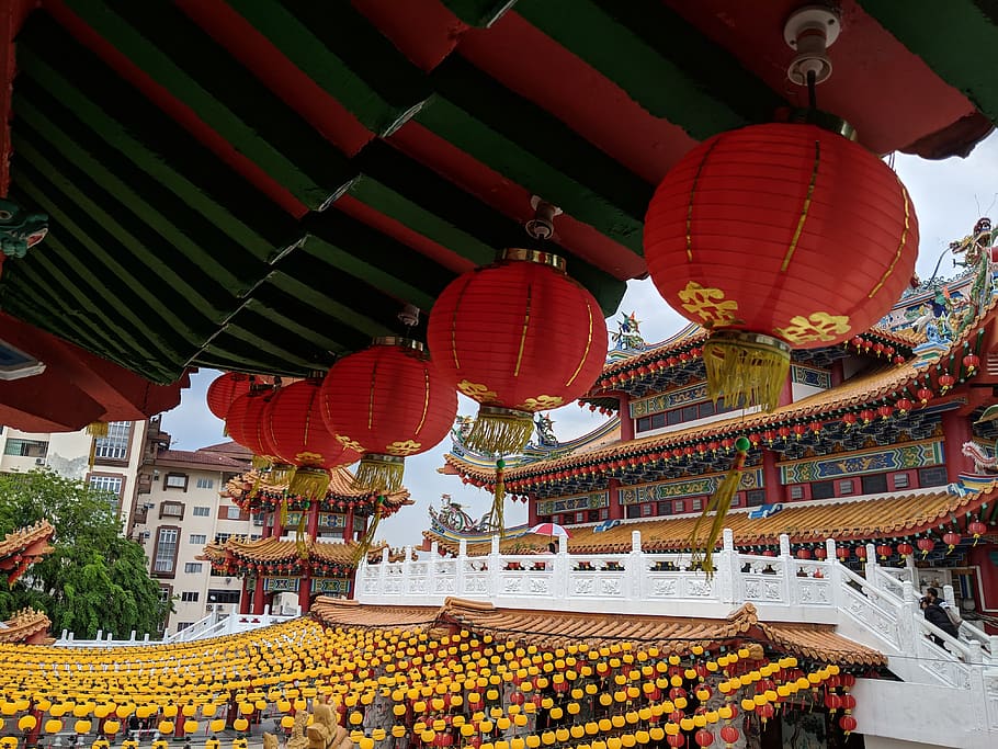 temple with red lanterns, architecture, building, lamp, shrine HD wallpaper