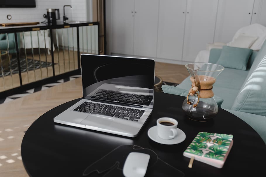 Workplace with laptop on table at home, interior, furniture, office, HD wallpaper