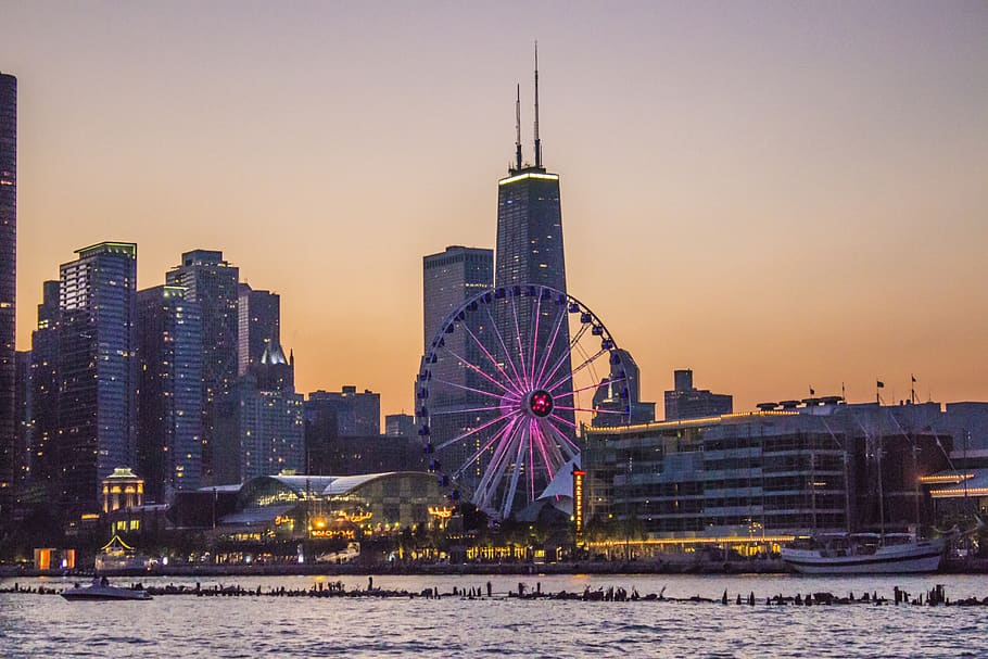 Ferris wheel, amusement park, chicago, building, city, united states HD wallpaper