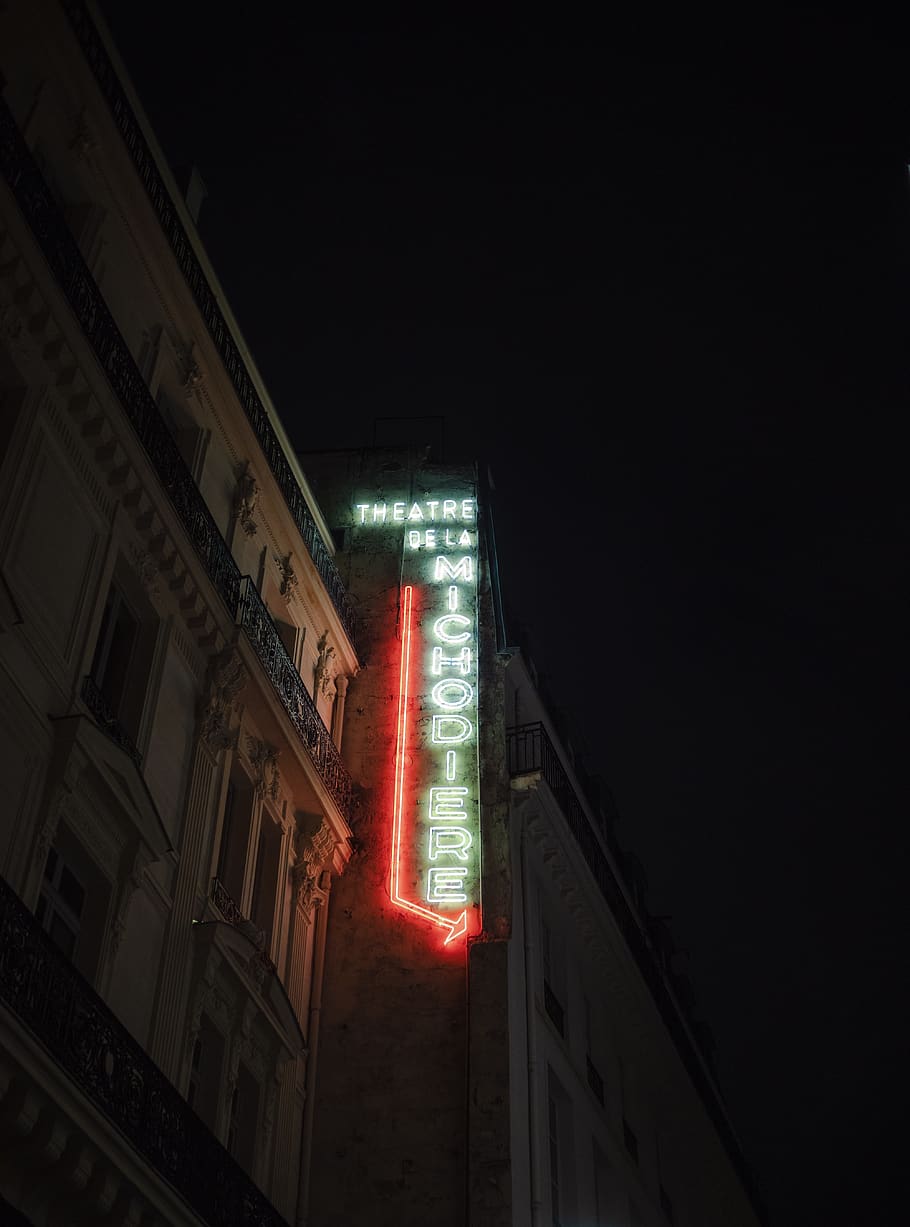 LED light signage turned on, neon, paris, theatre de la michodière HD wallpaper