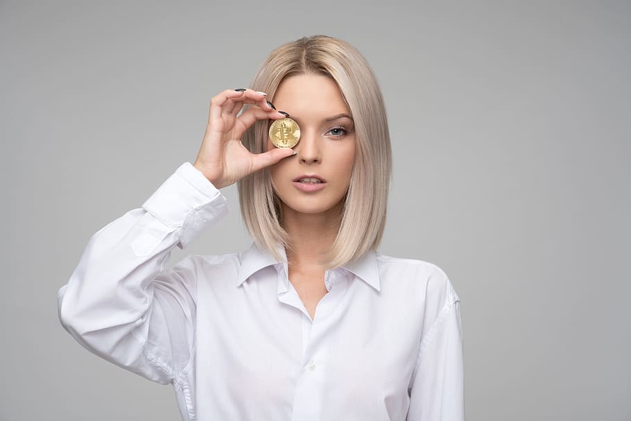 Women's White Button-up Long-sleeved Shirt, adult, bitcoin, blockchain