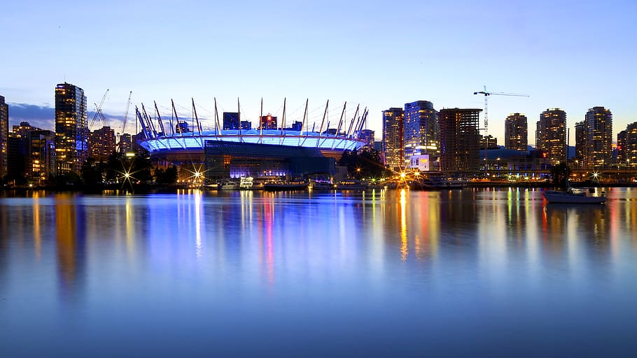 canada, vancouver, bc place, night time, city, waterfront, vancouver skyline